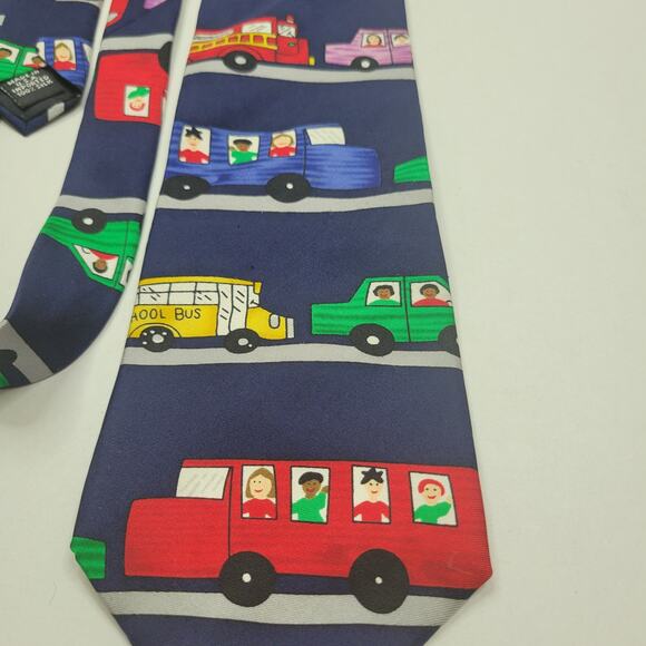 Save the Children Bumper to Bumper Bus Car 100% Silk Necktie 58" Long 4" Wide - Picture 4 of 6